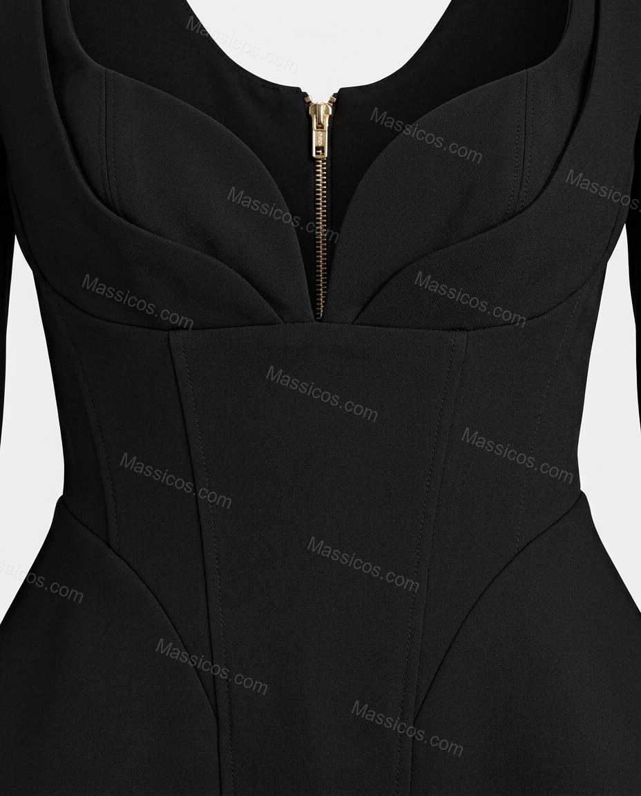 Black Mini Ruffled Peplum Top & Skirt Set, close-up of peplum waist, ruffled hem and structured bodice, by Massicos