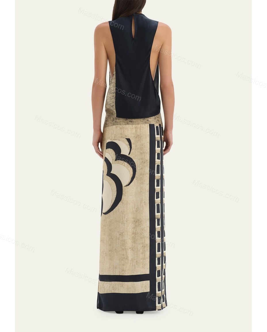 Beige Geometric Maxi Cowl-Neck Dress, alternate use-case lifestyle view, by Massicos
