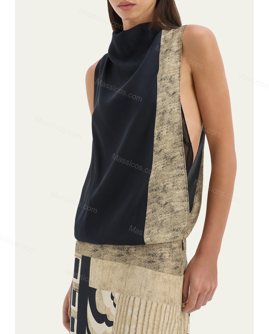 Beige Geometric Maxi Cowl-Neck Dress, back studio view, by Massicos