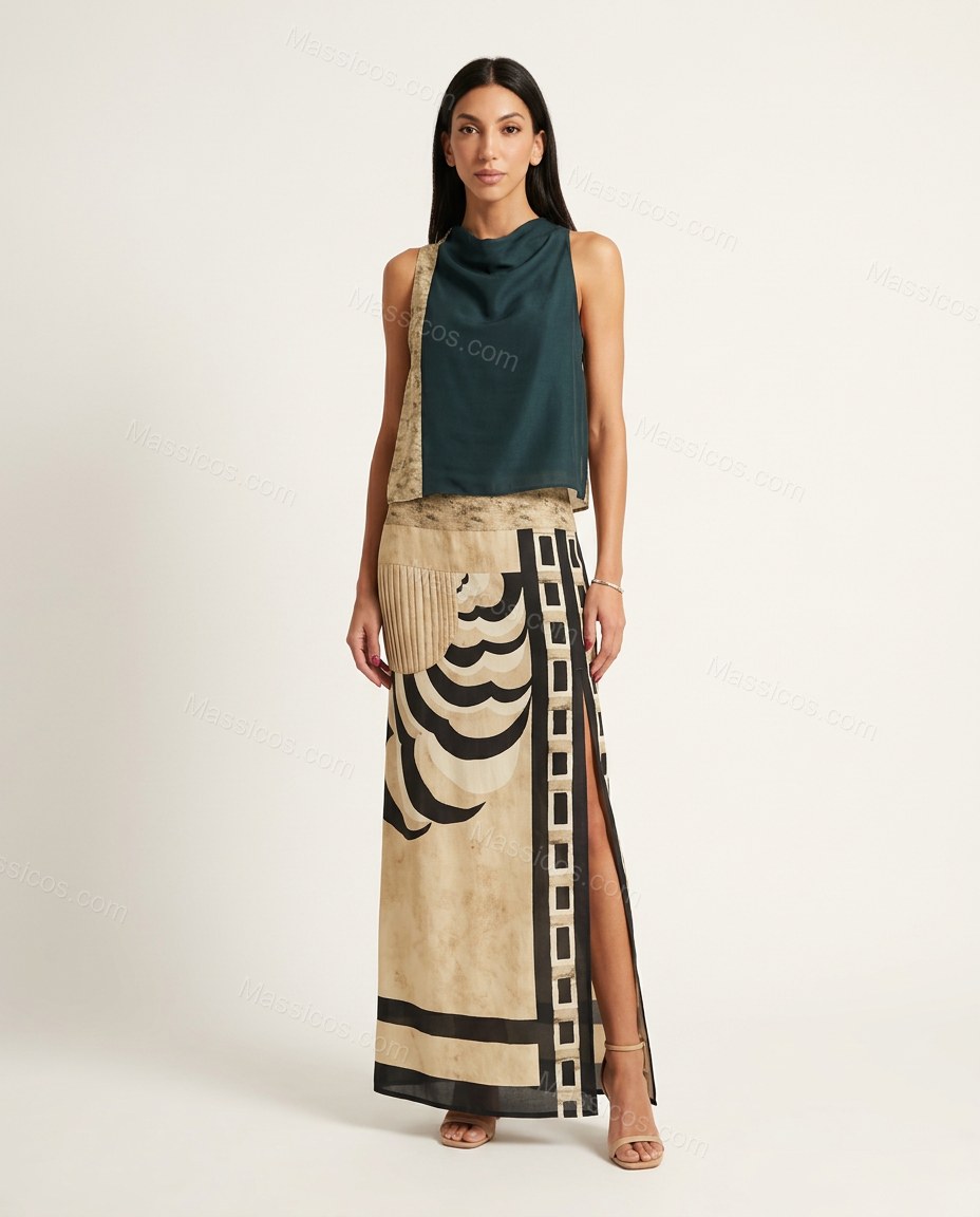 Beige Geometric Maxi Cowl-Neck Dress, front studio view, by Massicos