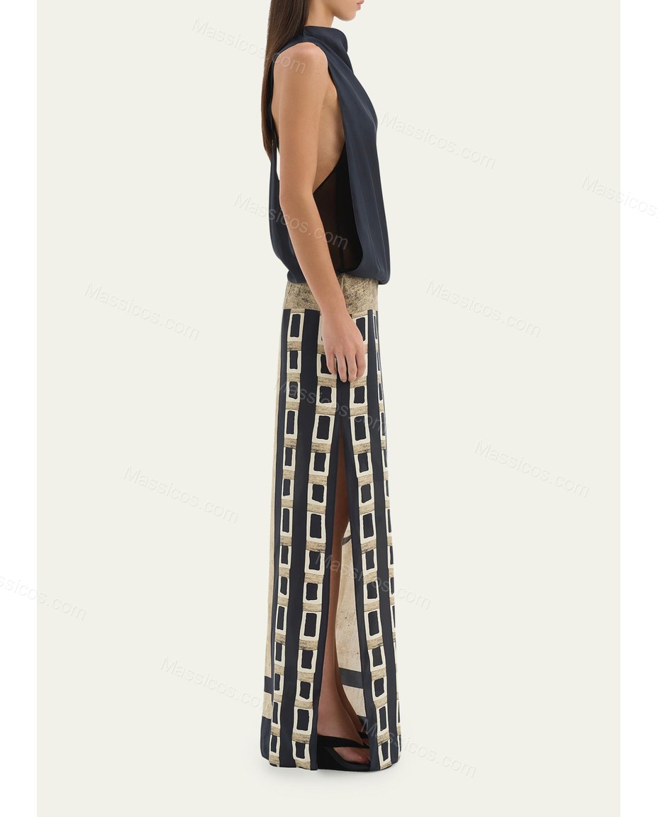 Beige Geometric Maxi Cowl-Neck Dress, walking lifestyle view, by Massicos