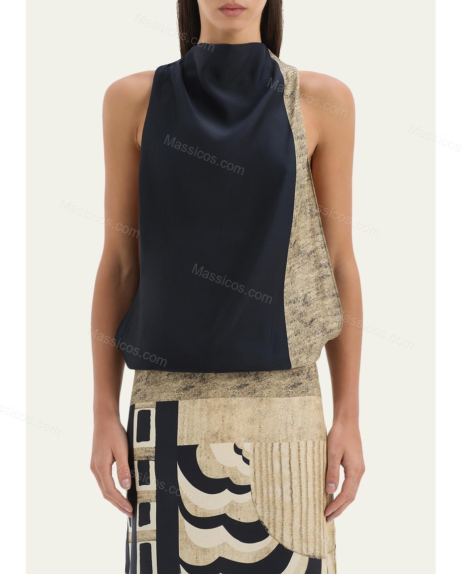 Beige Geometric Maxi Cowl-Neck Dress, movement and fit lifestyle view, by Massicos