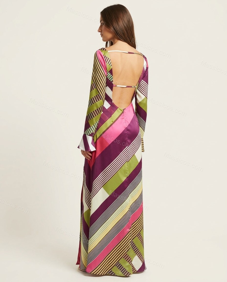 Purple Striped Maxi Open-Back Dress, back studio view, by Massicos