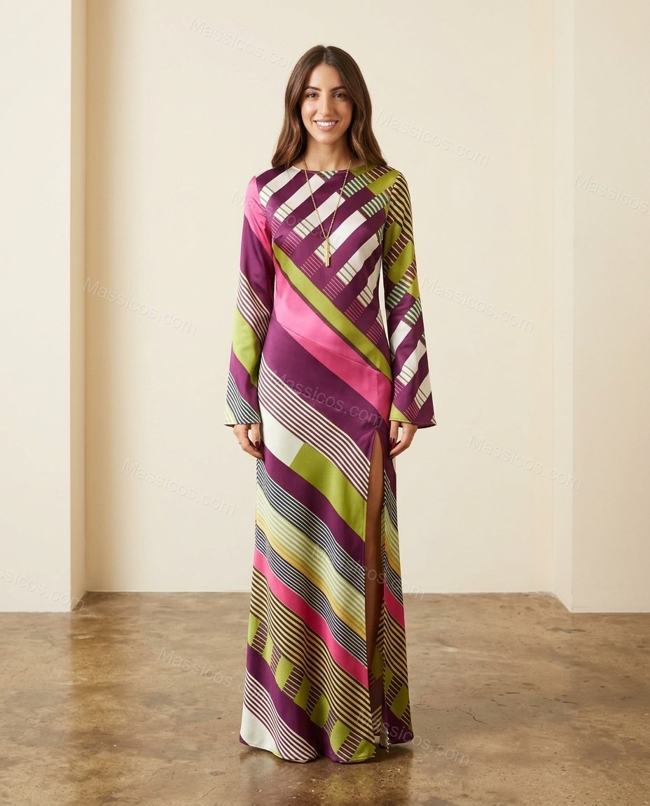 Purple Striped Maxi Open-Back Dress, full-length hero view, by Massicos