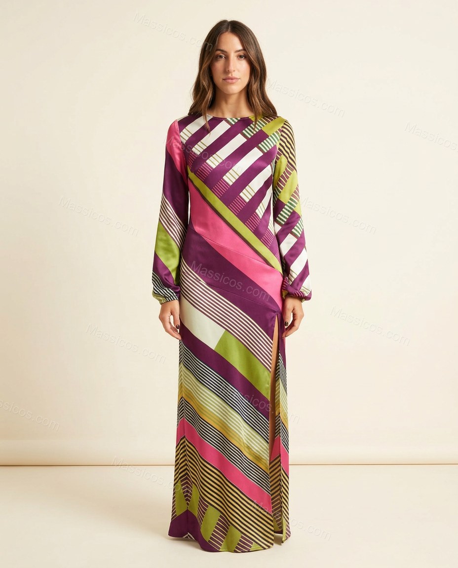 Purple Striped Maxi Open-Back Dress, front studio view, by Massicos