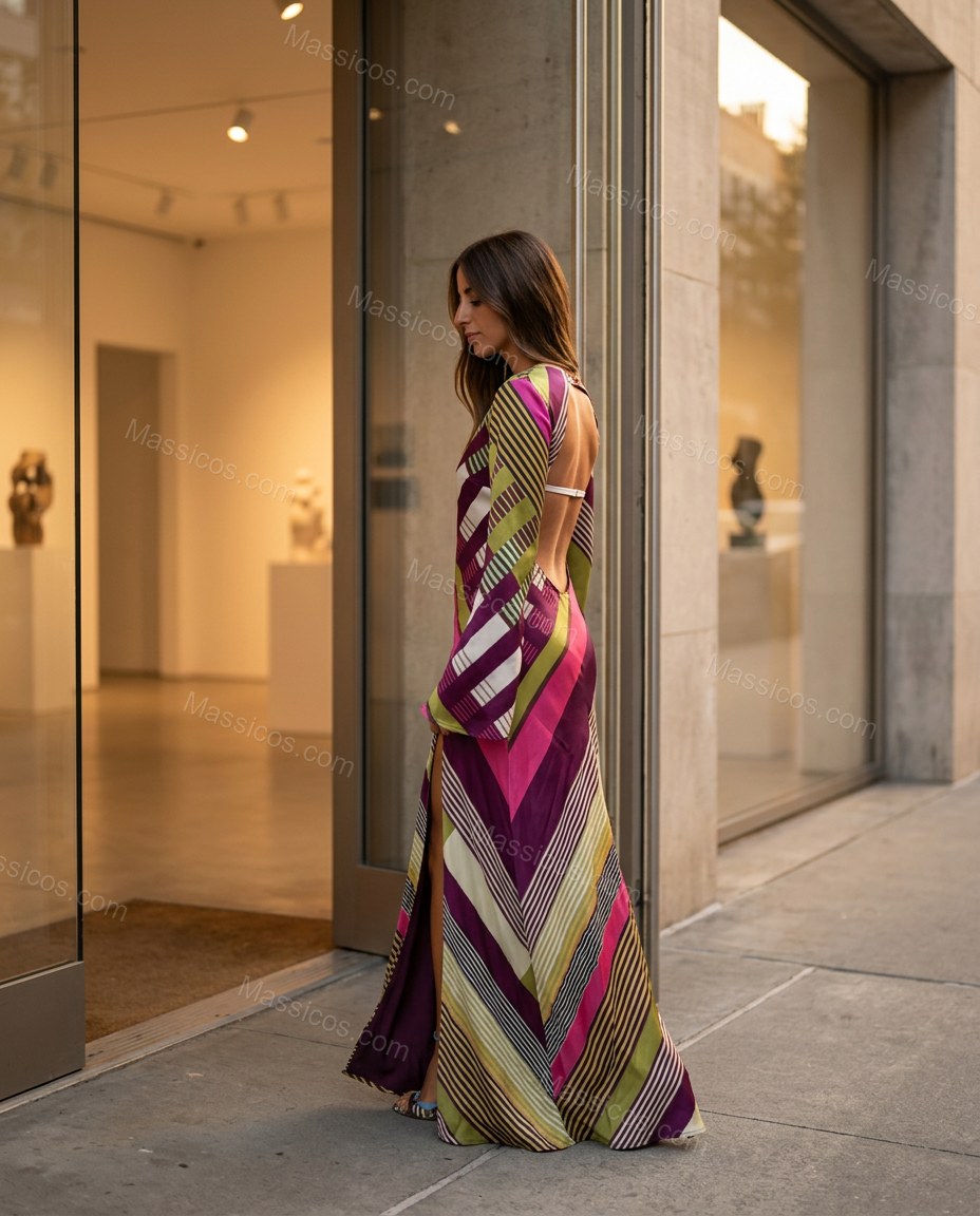 Purple Striped Maxi Open-Back Dress, three-quarter brand lifestyle view, by Massicos