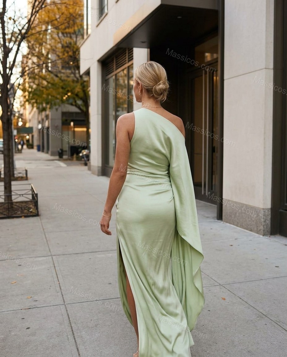 Light Green Maxi One-Shoulder Satin Dress, back studio view showing fitted back, one-shoulder strap visible, subtle draping, by Massicos