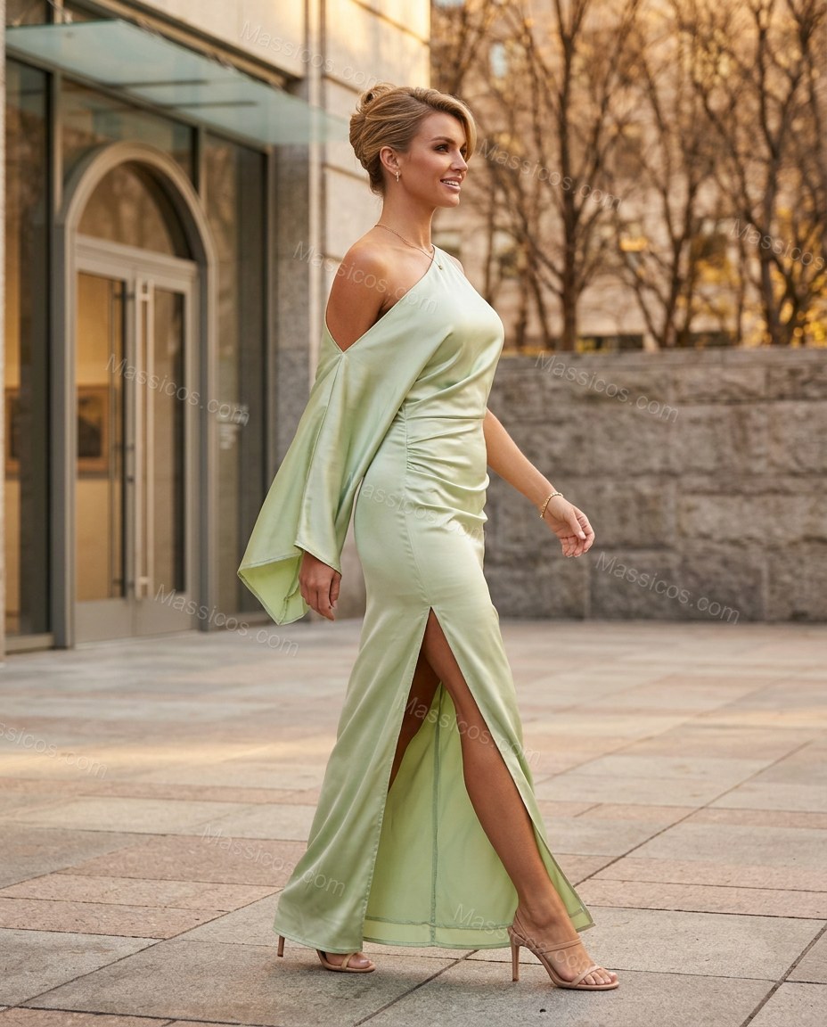 Light Green Maxi One-Shoulder Satin Dress, movement and fit lifestyle view, by Massicos