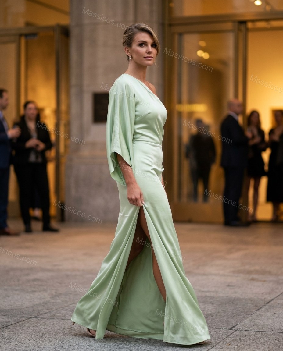 Light Green Maxi One-Shoulder Satin Dress, walking lifestyle view, by Massicos