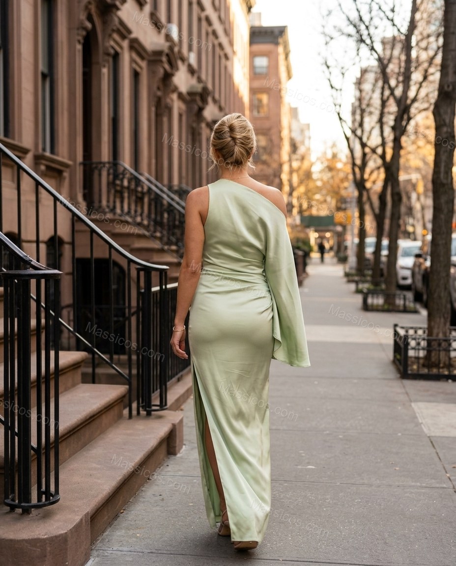 Light Green Maxi One-Shoulder Satin Dress, alternate use-case lifestyle view, by Massicos