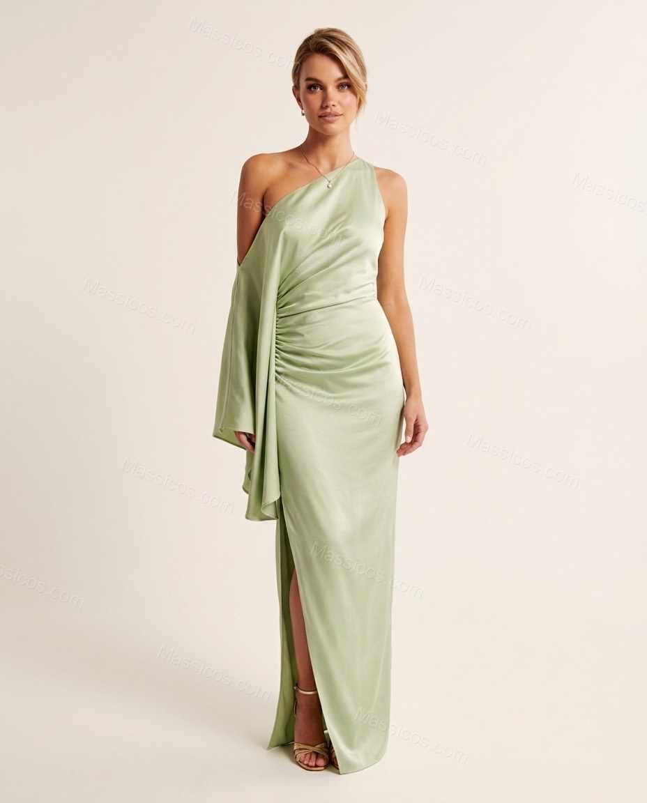 Light Green Maxi One-Shoulder Satin Dress, front studio view, by Massicos