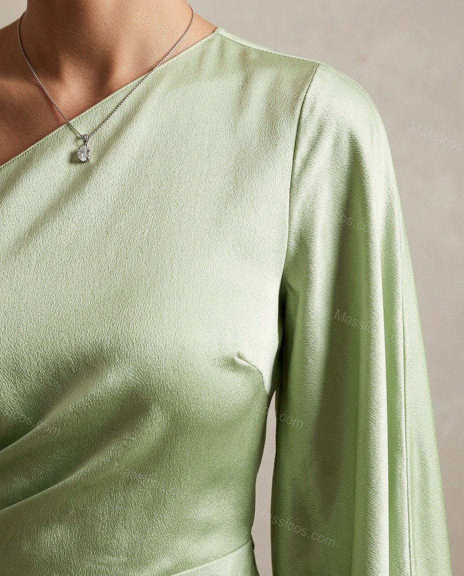 Light Green Maxi One-Shoulder Satin Dress, close-up of side slit, ruching and one-shoulder design, by Massicos