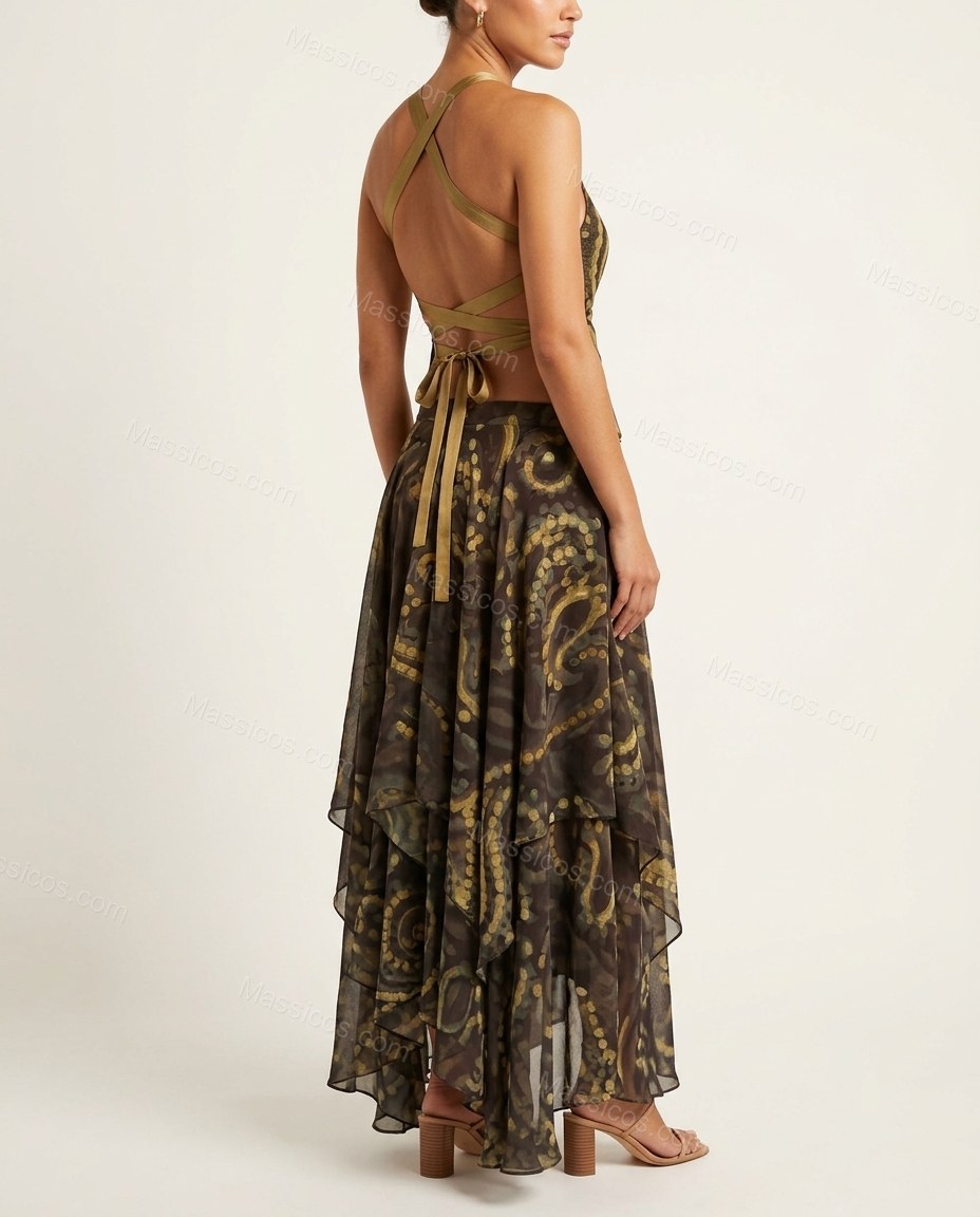 Dark Brown Abstract Maxi Open-Back Dress, back studio view showing crisscross strap design with an open back, by Massicos