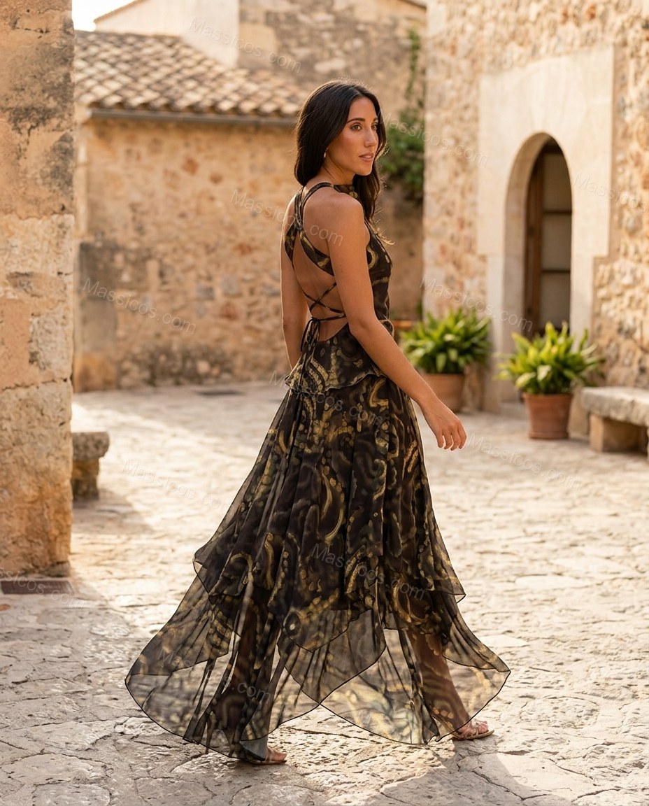 Dark Brown Abstract Maxi Open-Back Dress, movement and fit lifestyle view, by Massicos