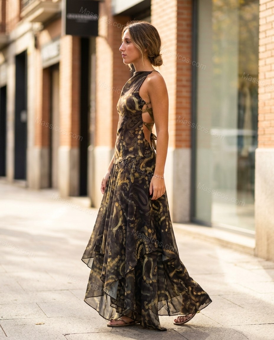 Dark Brown Abstract Maxi Open-Back Dress, walking lifestyle view, by Massicos