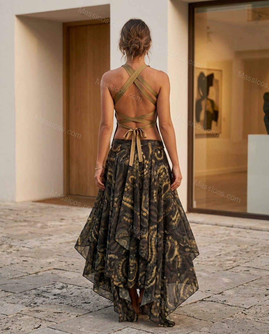 Dark Brown Abstract Maxi Open-Back Dress, alternate use-case lifestyle view, by Massicos