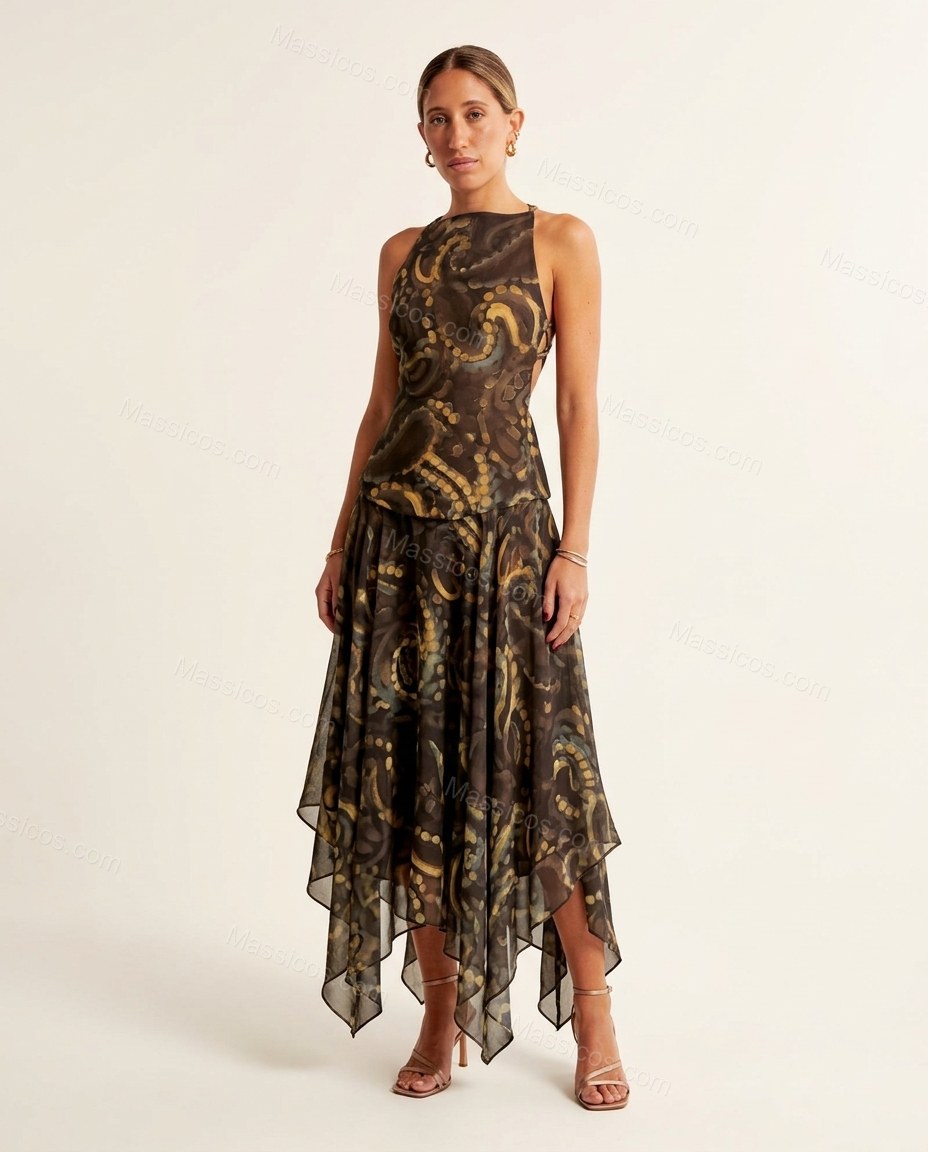 Dark Brown Abstract Maxi Open-Back Dress, front studio view, by Massicos