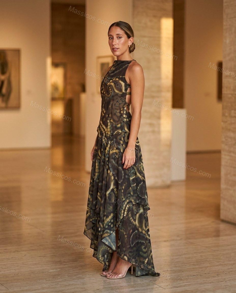 Dark Brown Abstract Maxi Open-Back Dress, three-quarter brand lifestyle view, by Massicos