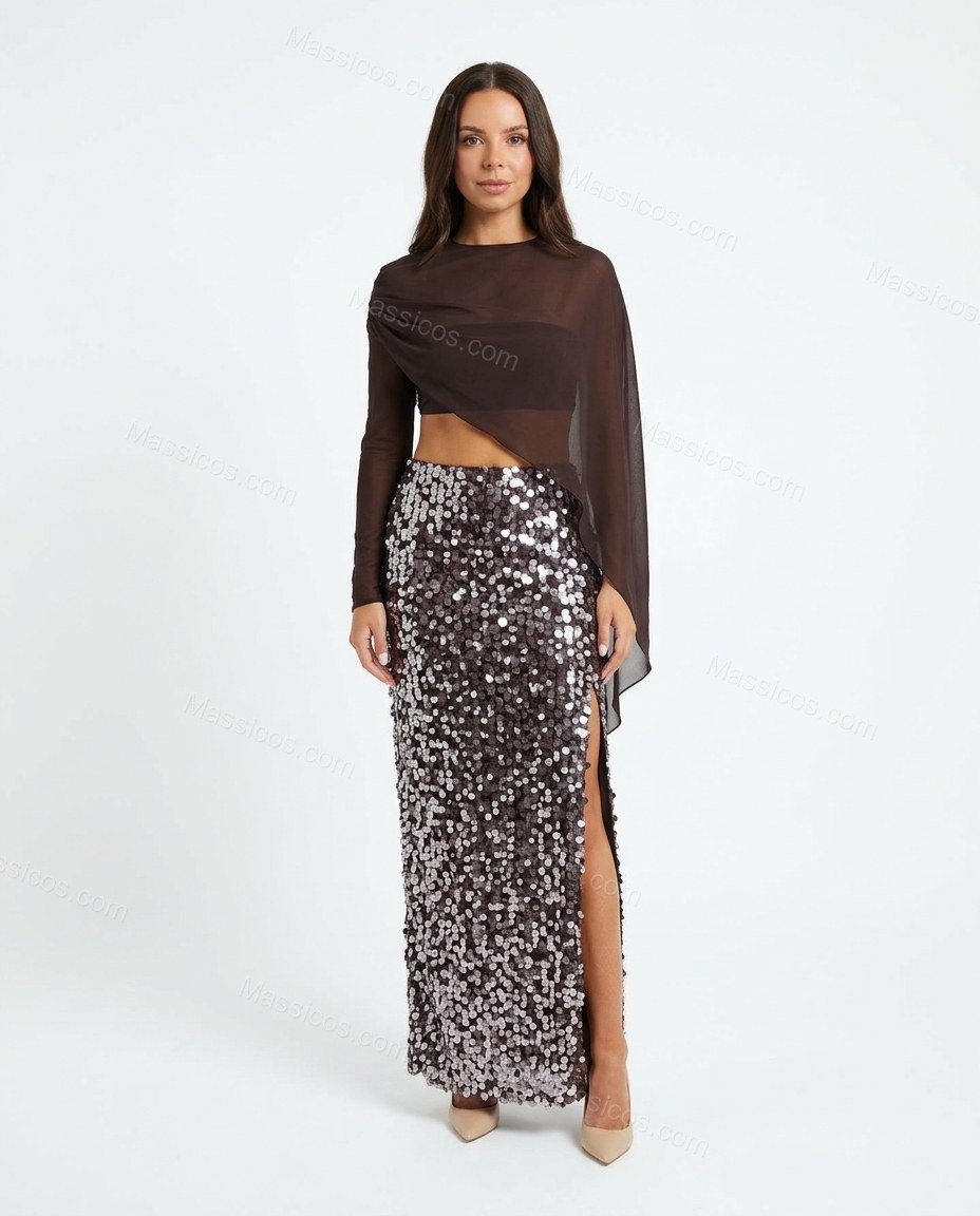 Dark Brown Maxi Asymmetric Skirt Set, front studio view, by Massicos