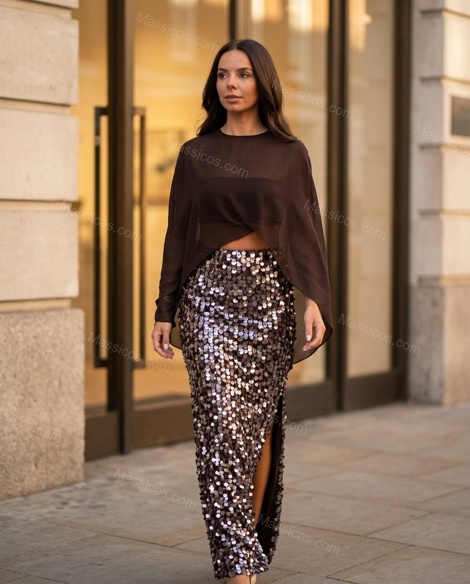 Dark Brown Maxi Asymmetric Skirt Set, movement and fit lifestyle view, by Massicos