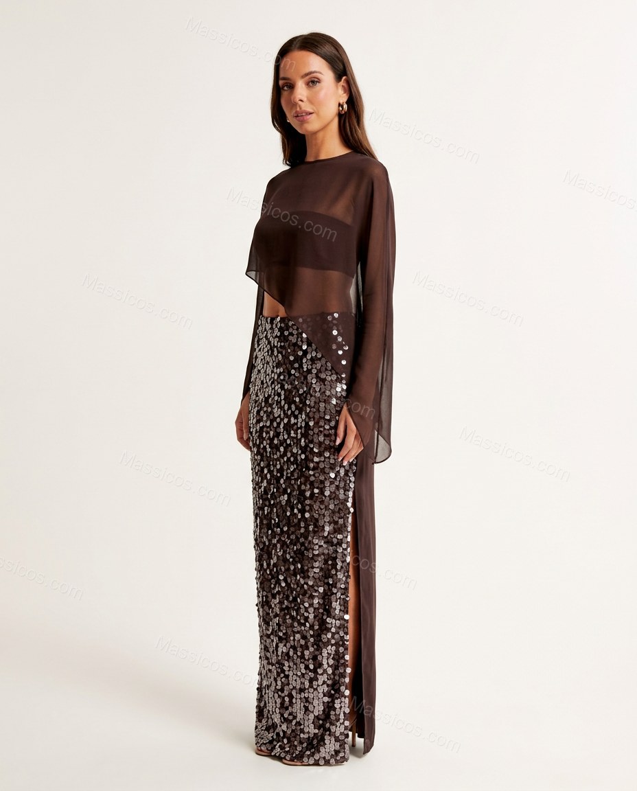 Dark Brown Maxi Asymmetric Skirt Set, side and back studio view, by Massicos