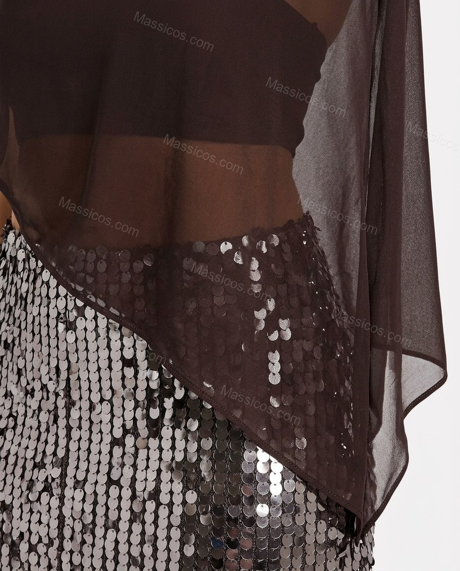 Dark Brown Maxi Asymmetric Skirt Set, close-up of silver accents, high side slit and draped top, by Massicos