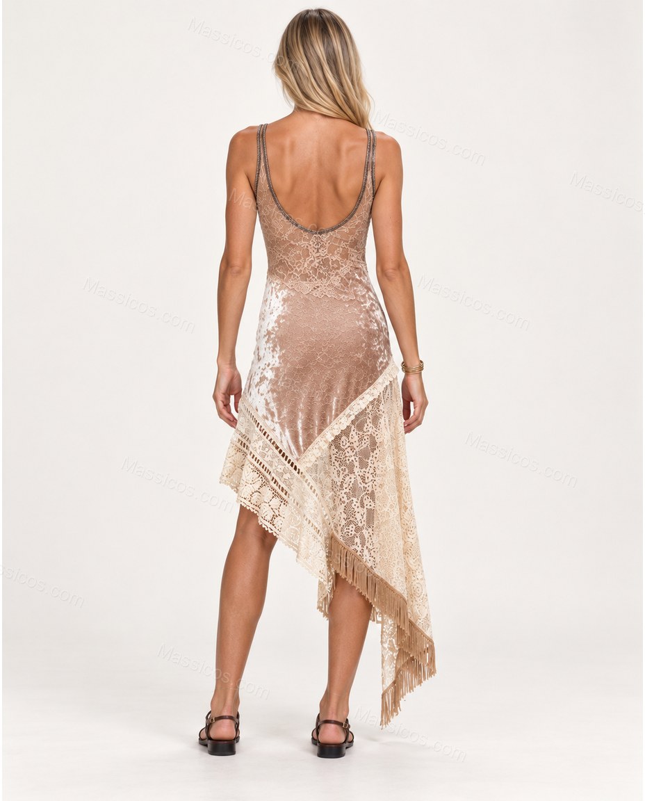 Dusty Champagne Blush Pink Patchwork Maxi High-Low Dress, side and back studio view showing visible lace detailing, open back, by Massicos