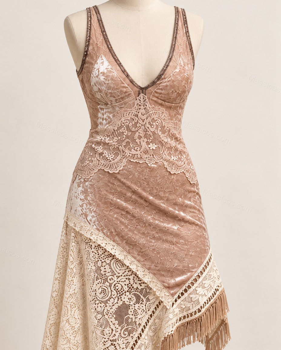 Dusty Champagne Blush Pink Patchwork Maxi High-Low Dress, close-up of patchwork, by Massicos