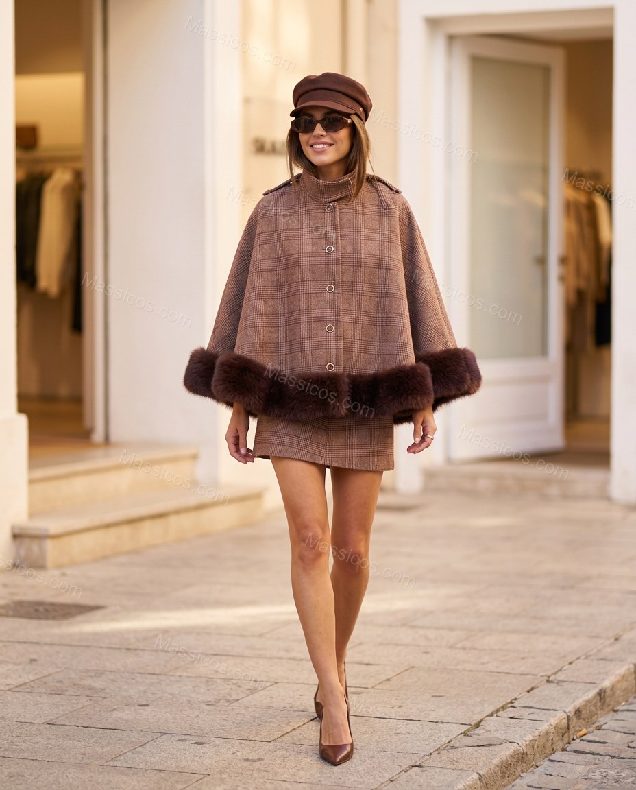 Brown Plaid Mini Cape Skirt Set, movement and fit lifestyle view, by Massicos