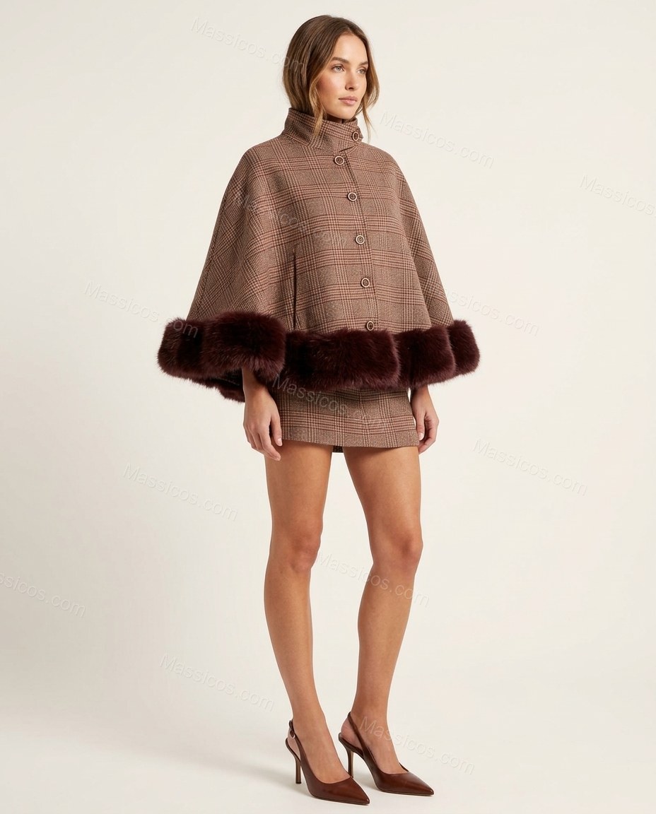 Brown Plaid Mini Cape Skirt Set, front studio view, by Massicos