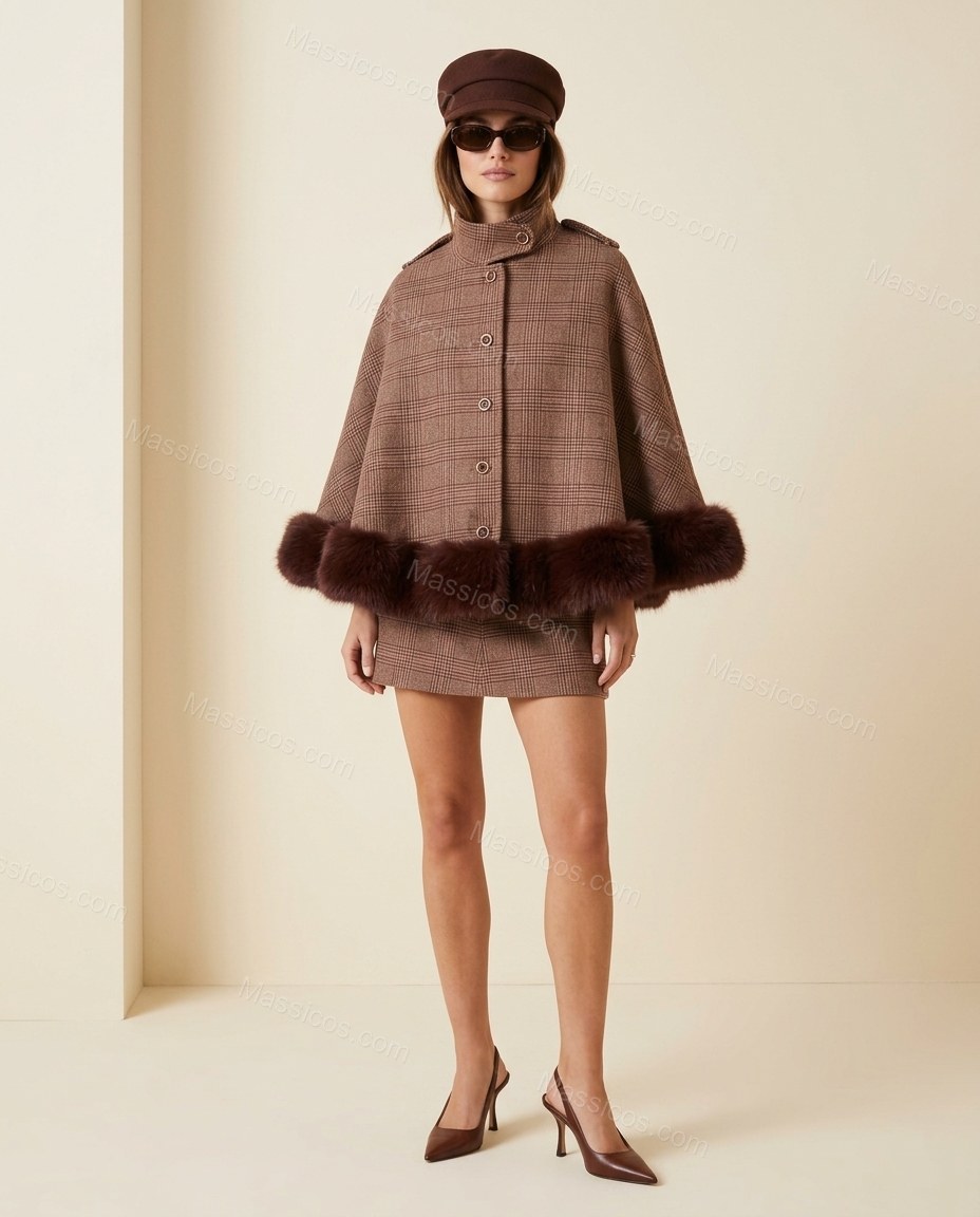 Brown Plaid Mini Cape Skirt Set, full-length hero view, by Massicos