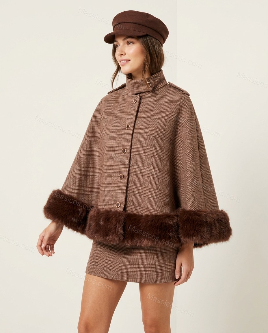 Brown Plaid Mini Cape Skirt Set, side and back studio view, by Massicos