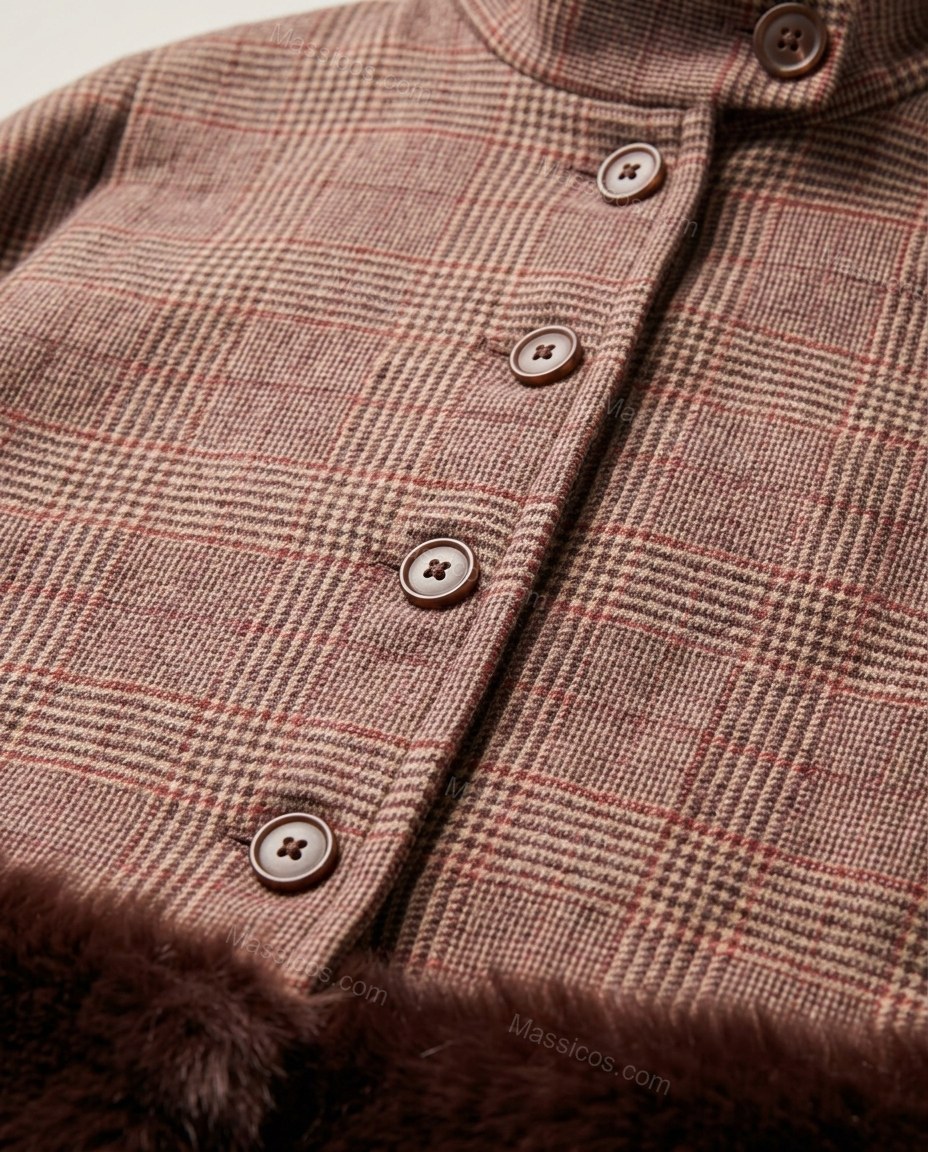 Brown Plaid Mini Cape Skirt Set, close-up of plaid, by Massicos