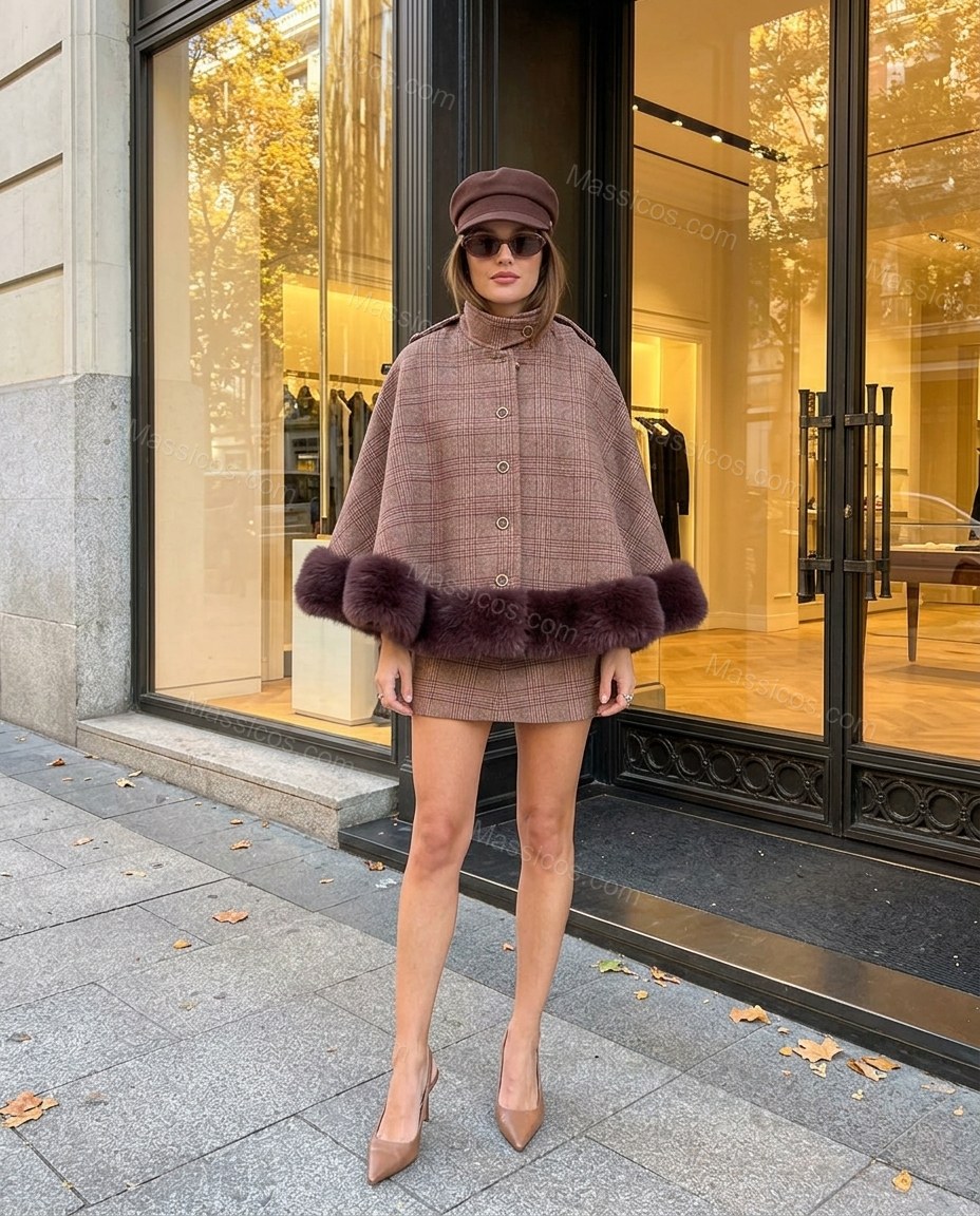 Brown Plaid Mini Cape Skirt Set, three-quarter brand lifestyle view, by Massicos