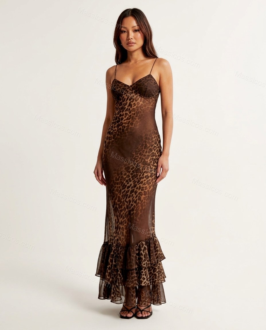 Brown Leopard Print Maxi Ruffled Dress, front studio view, by Massicos