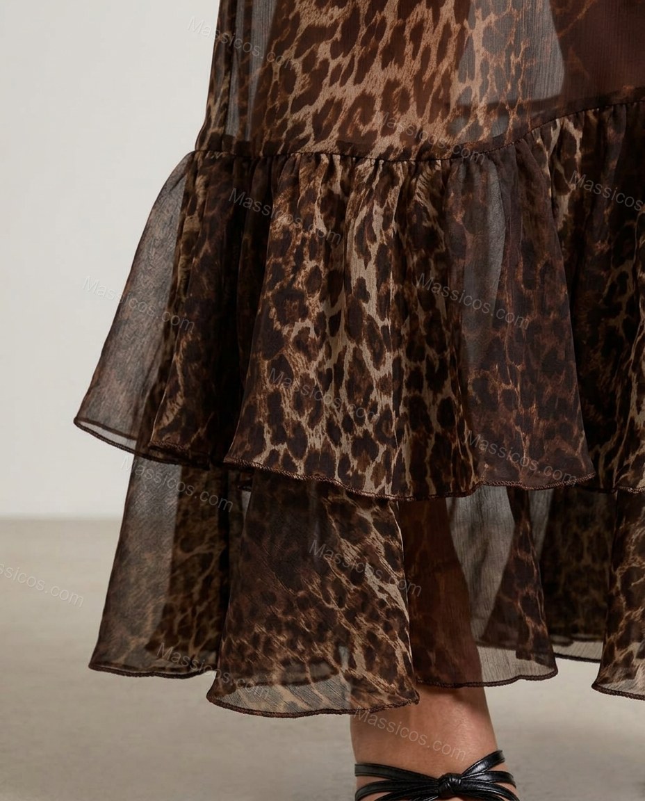 Brown Leopard Print Maxi Ruffled Dress, close-up of leopard print, by Massicos