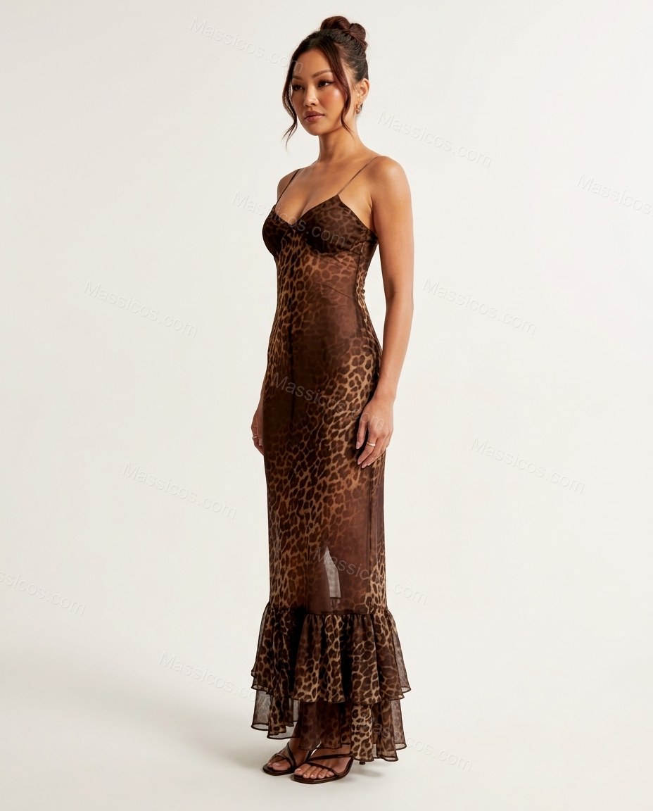 Brown Leopard Print Maxi Ruffled Dress, side and back studio view, by Massicos