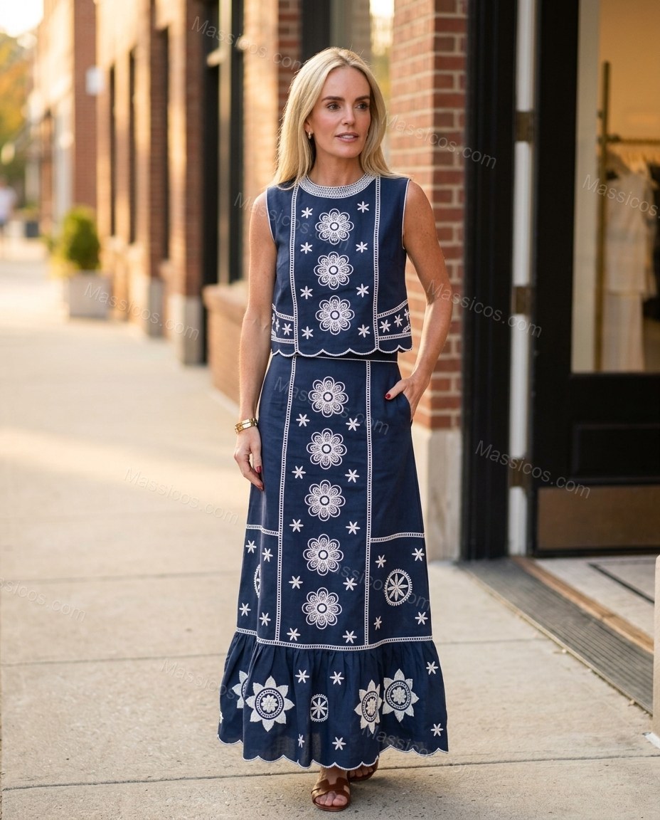 Navy Blue Floral Maxi Embroidered Skirt Set, alternate use-case lifestyle view, by Massicos