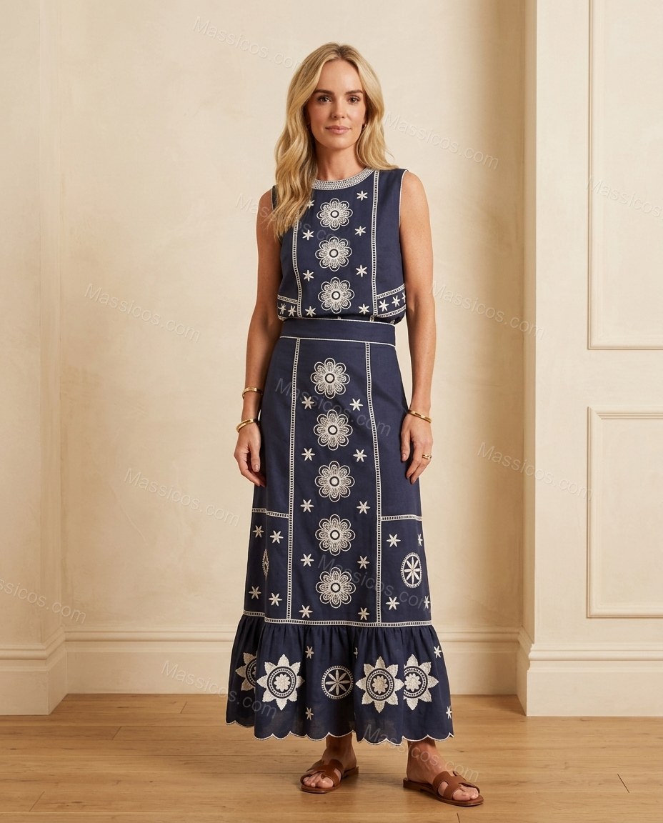 Navy Blue Floral Maxi Embroidered Skirt Set, full-length hero view, by Massicos