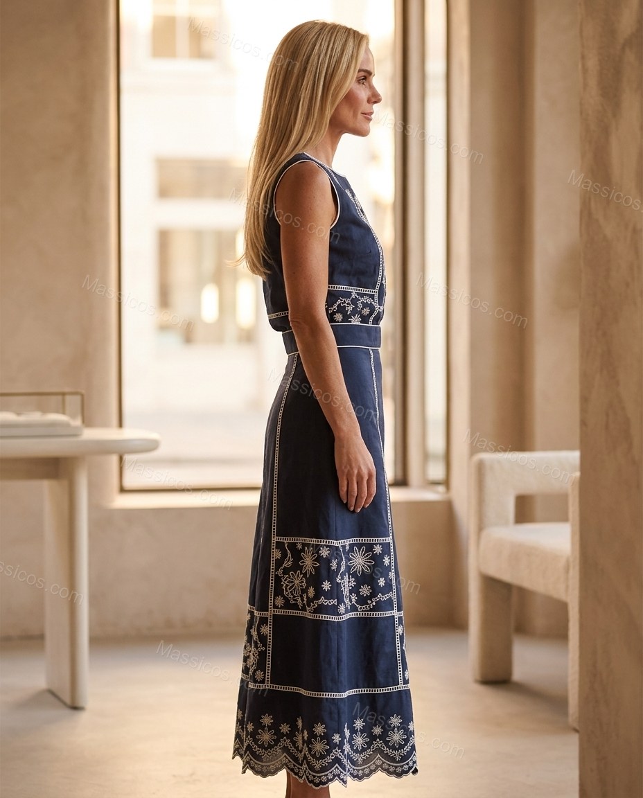 Navy Blue Floral Maxi Embroidered Skirt Set, three-quarter brand lifestyle view, by Massicos