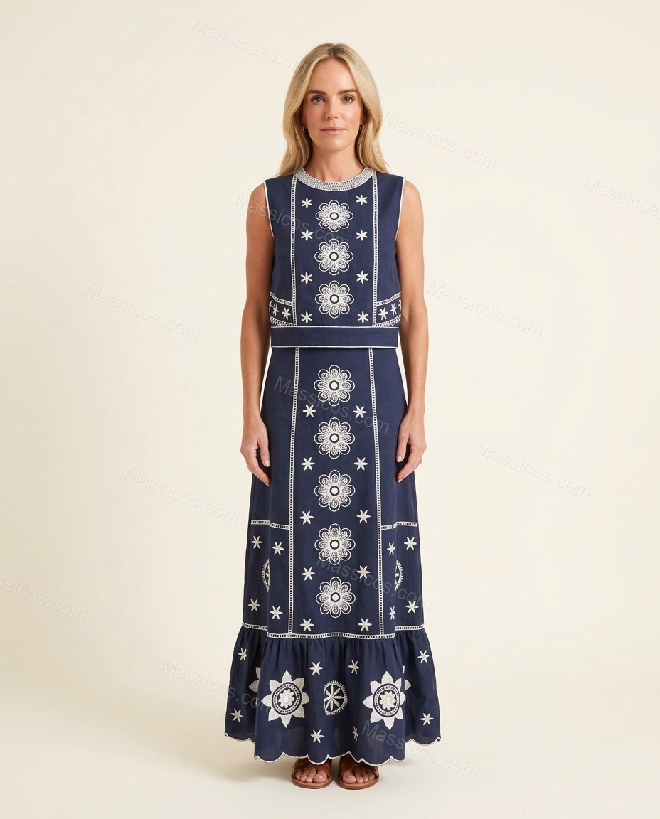 Navy Blue Floral Maxi Embroidered Skirt Set, front studio view, by Massicos