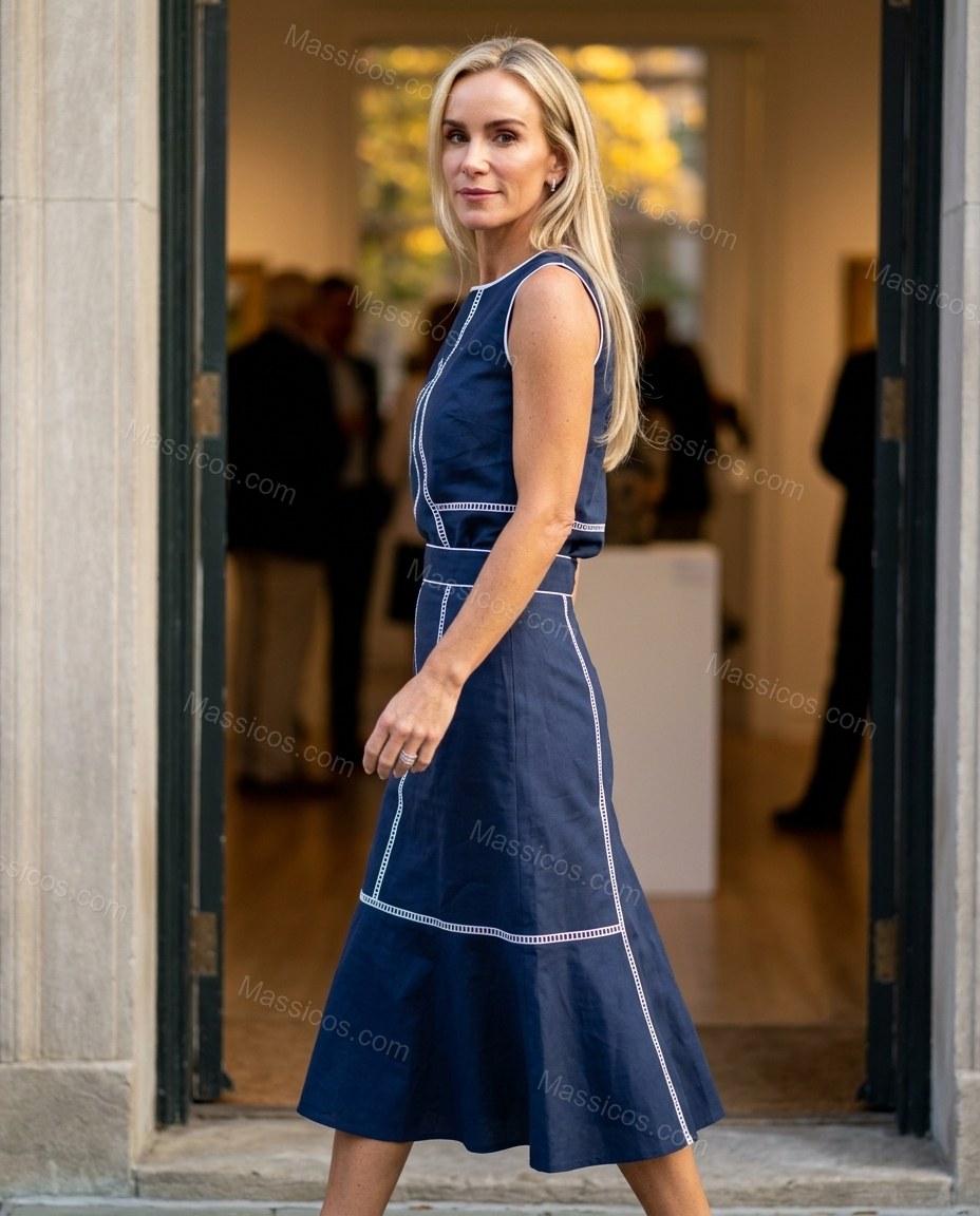 Navy Blue Floral Maxi Embroidered Skirt Set, movement and fit lifestyle view, by Massicos