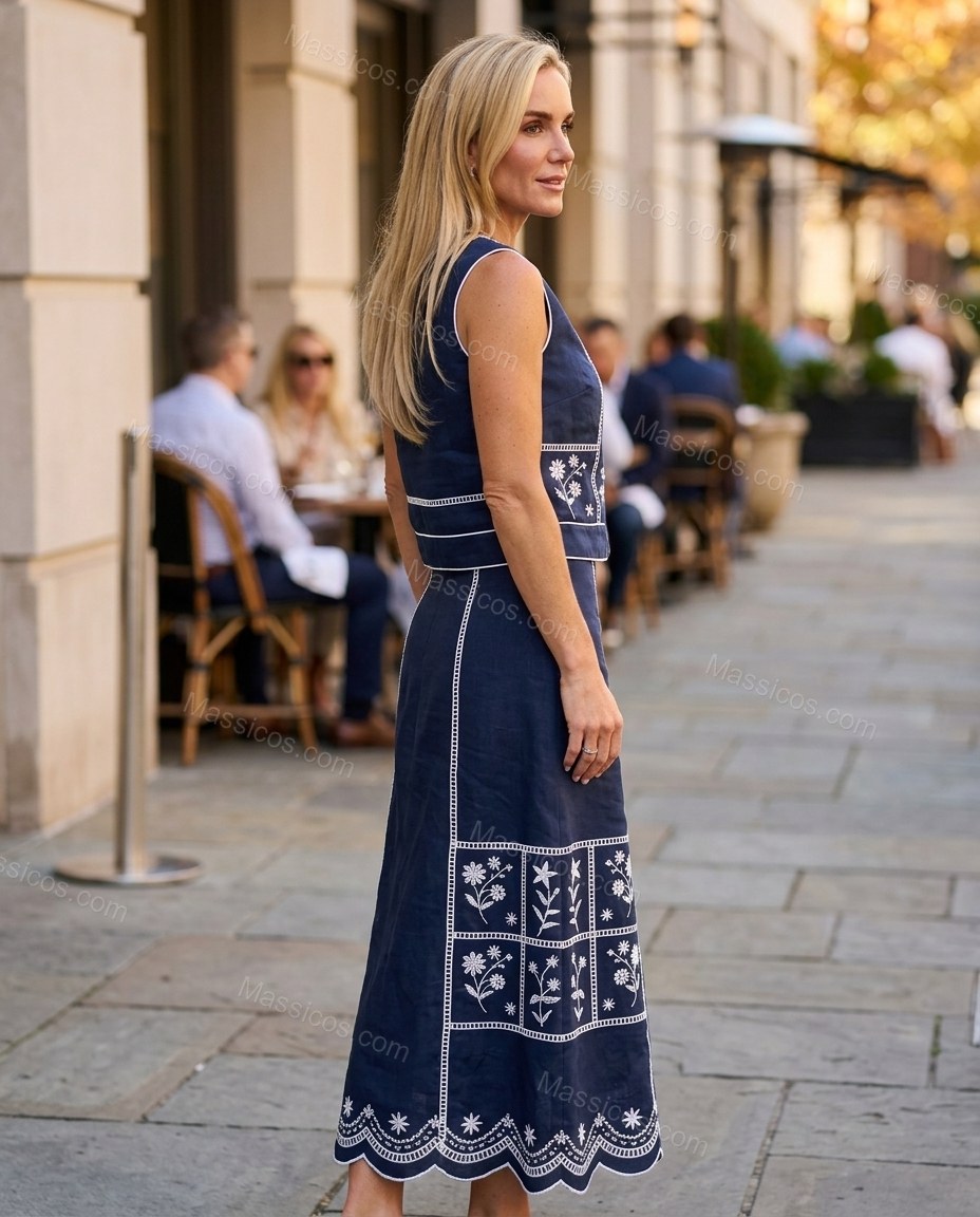 Navy Blue Floral Maxi Embroidered Skirt Set, walking lifestyle view, by Massicos