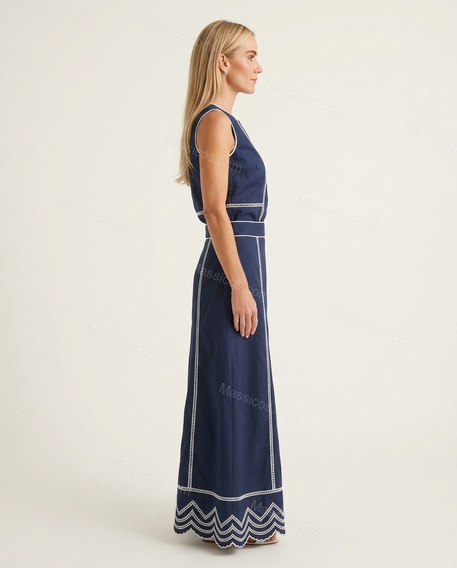 Navy Blue Floral Maxi Embroidered Skirt Set, side and back studio view, by Massicos