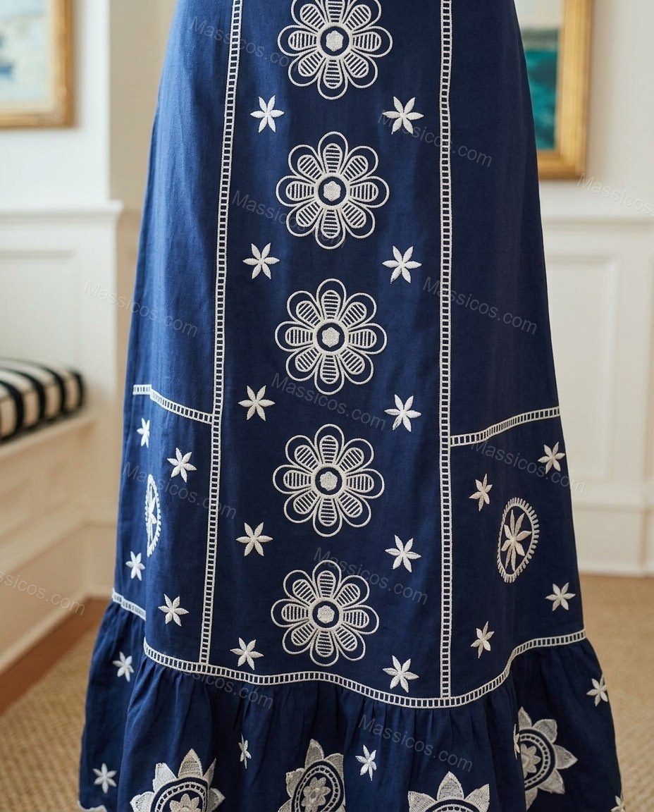 Navy Blue Floral Maxi Embroidered Skirt Set, close-up of floral embroidery and scalloped hem, by Massicos
