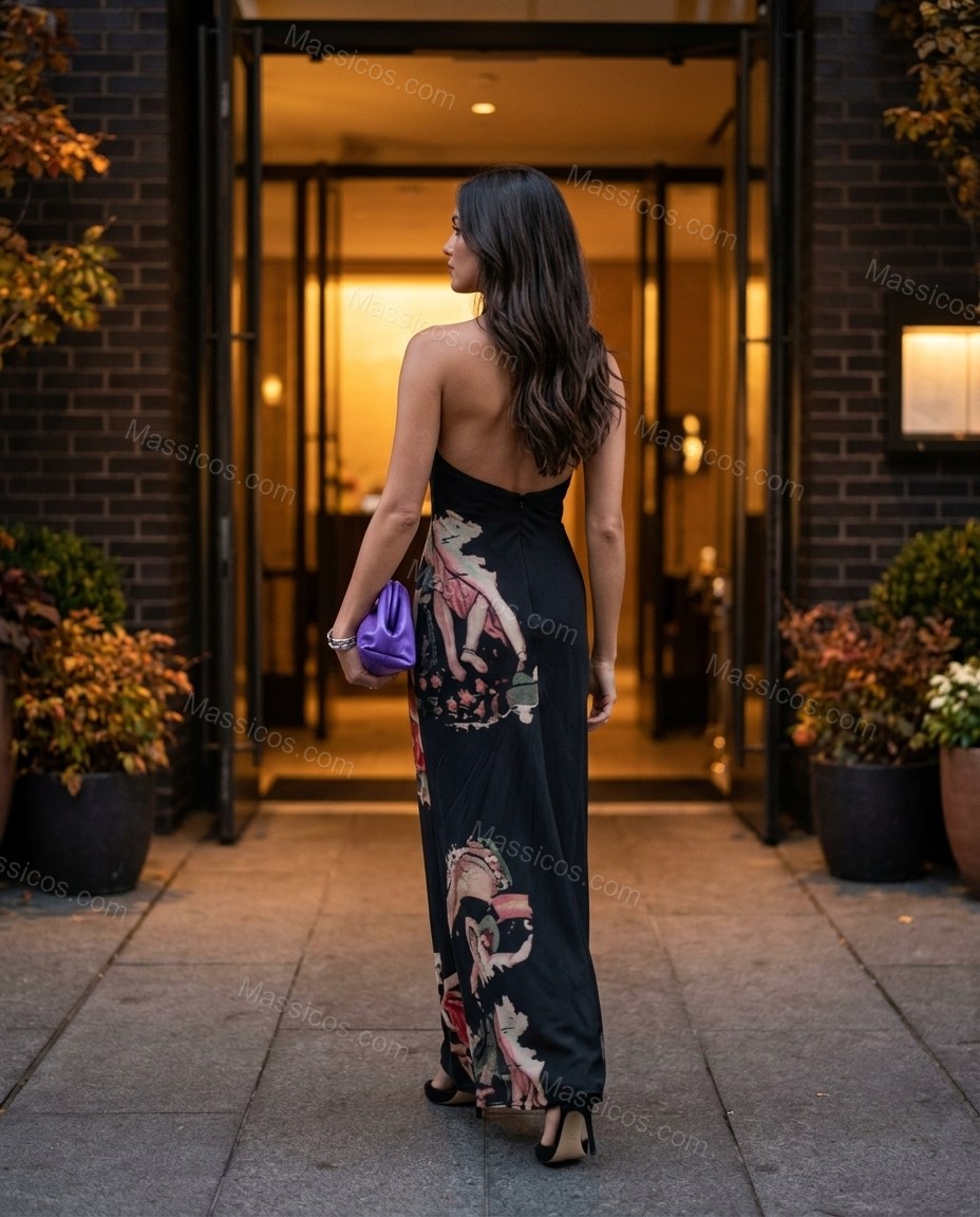 Black Abstract Maxi Halter Dress, alternate use-case lifestyle view, by Massicos