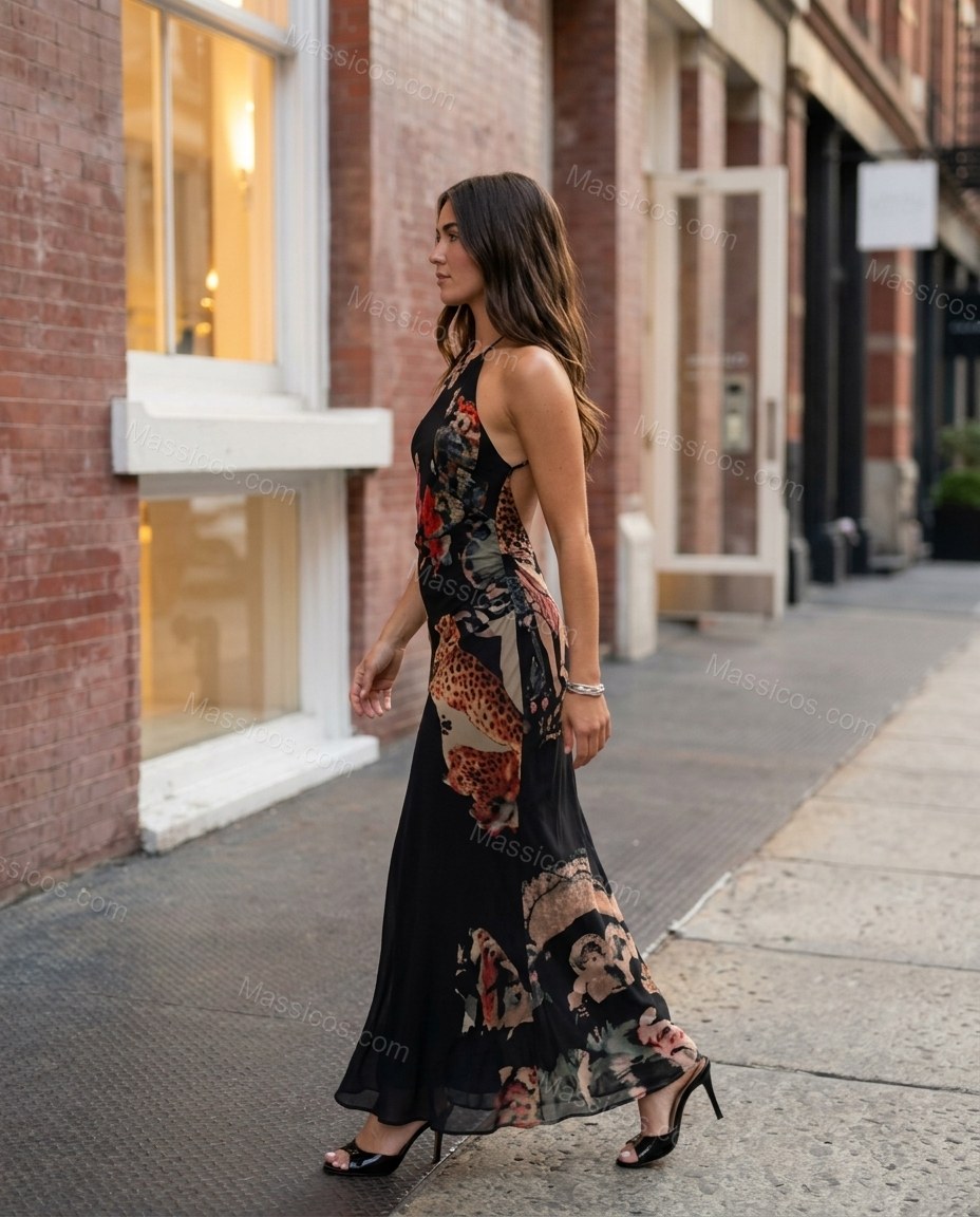Black Abstract Maxi Halter Dress, walking lifestyle view, by Massicos