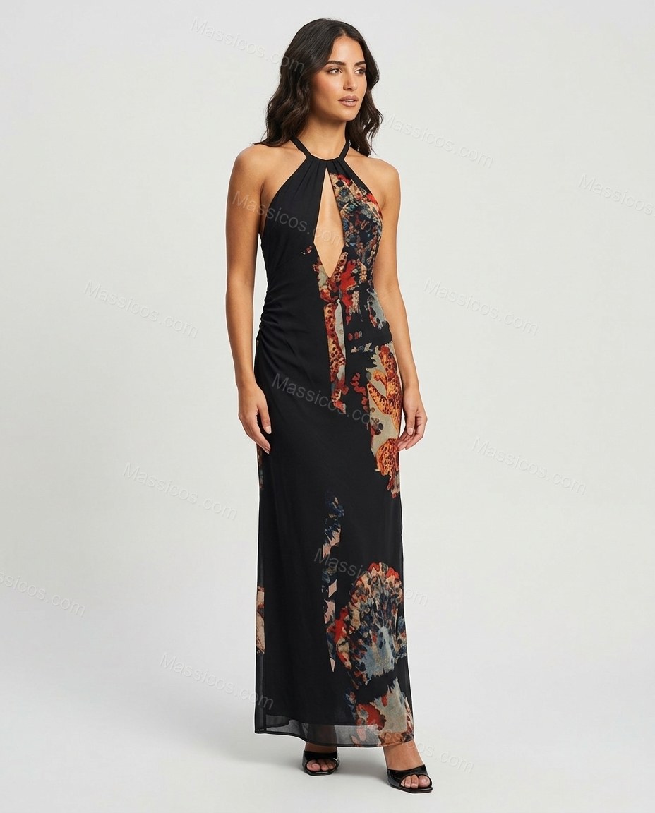 Black Abstract Maxi Halter Dress, front studio view, by Massicos