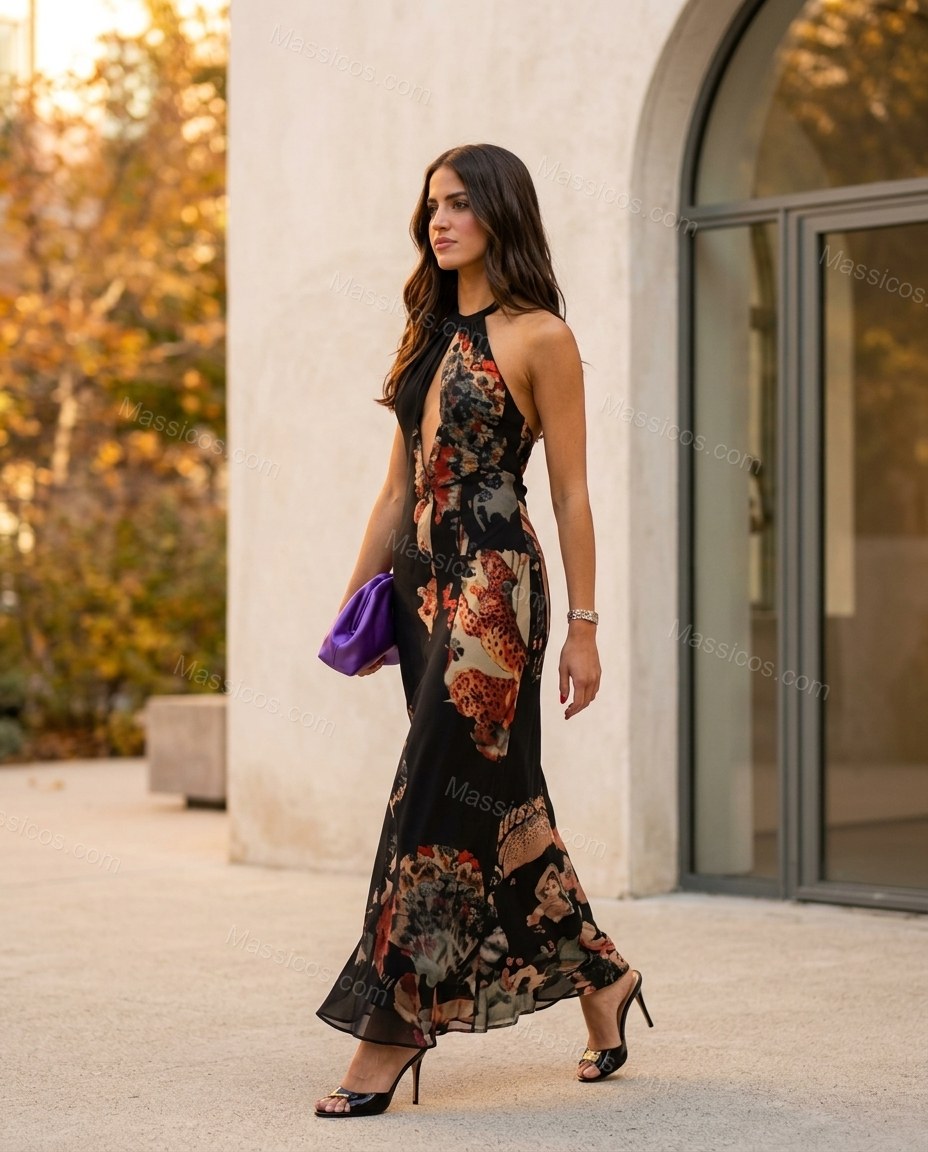 Black Abstract Maxi Halter Dress, movement and fit lifestyle view, by Massicos