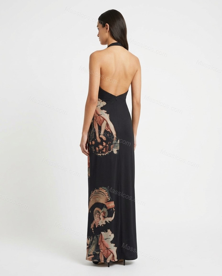 Black Abstract Maxi Halter Dress, back studio view showing open back with fitted silhouette, by Massicos